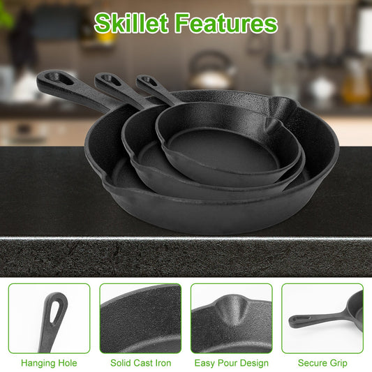 3-Piece Pre-Seasoned Cast Iron Skillet Set – Oven Safe Cookware