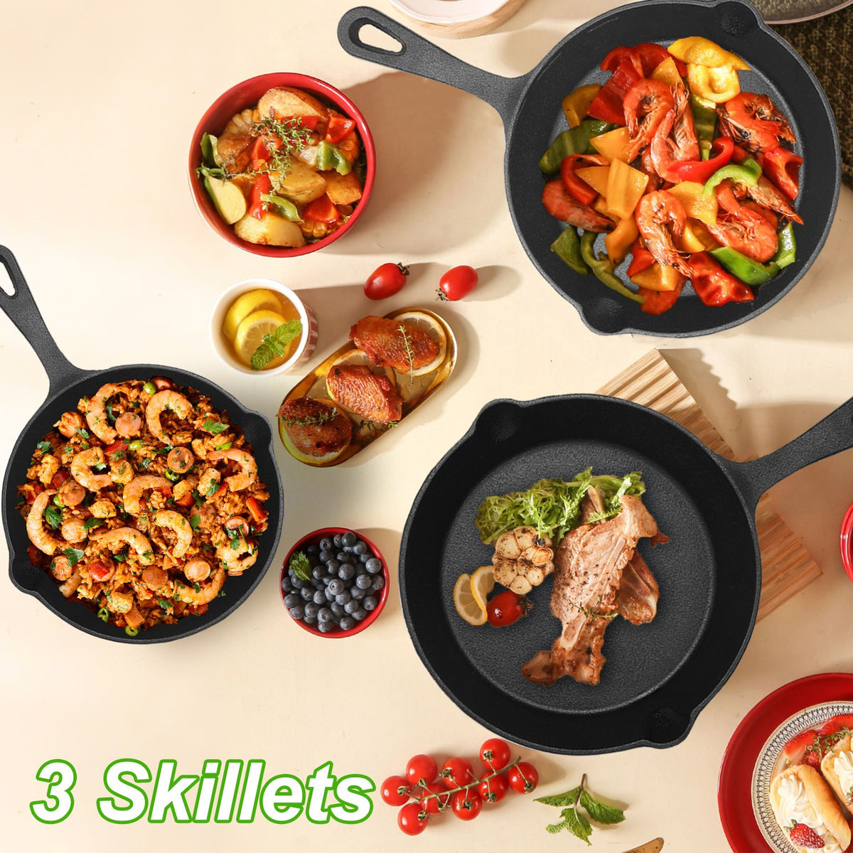 3-Piece Pre-Seasoned Cast Iron Skillet Set – Oven Safe Cookware