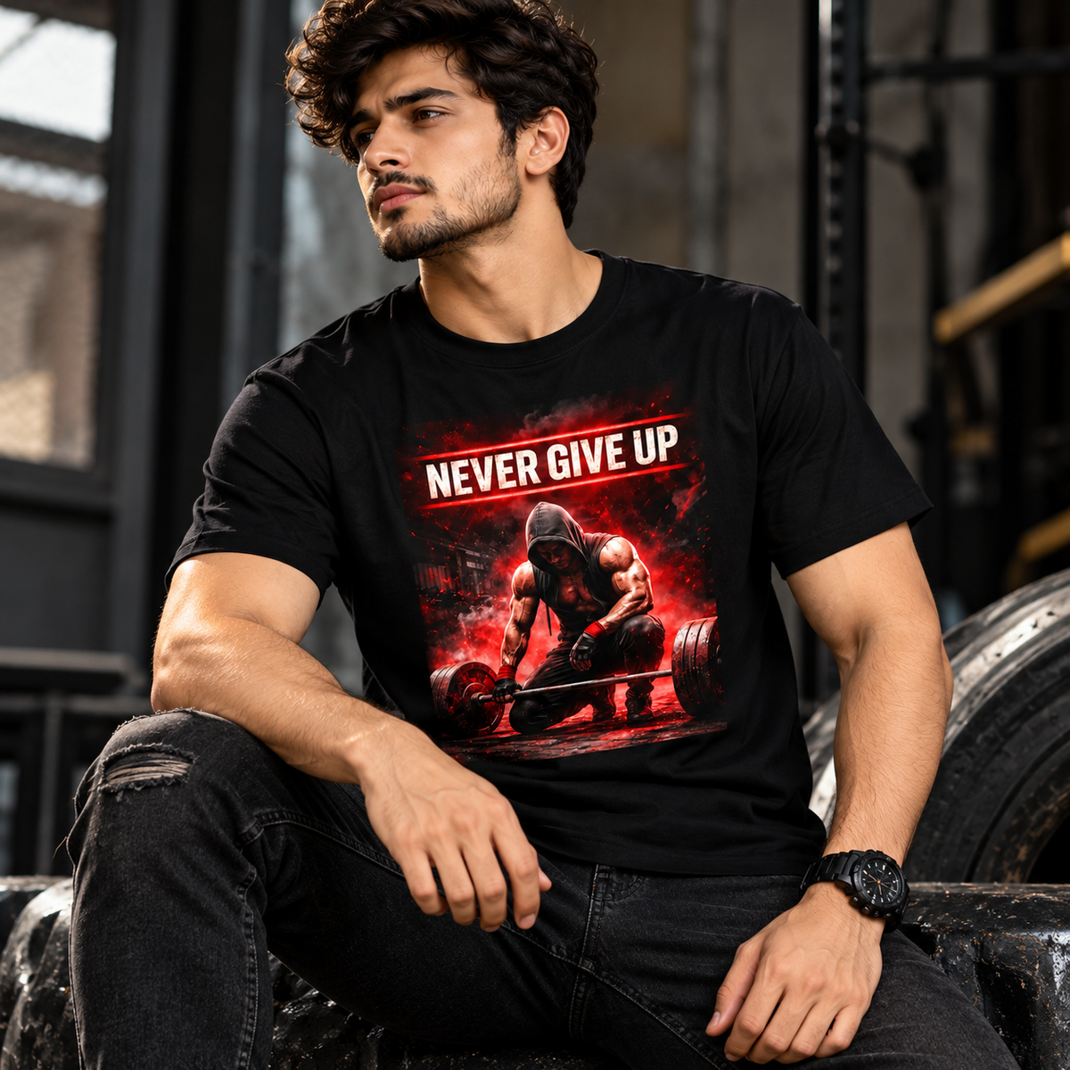 Never Give Up Gym Motivation T-Shirt | Men's & Women's Fitness Graphic Tee | OJVIRA