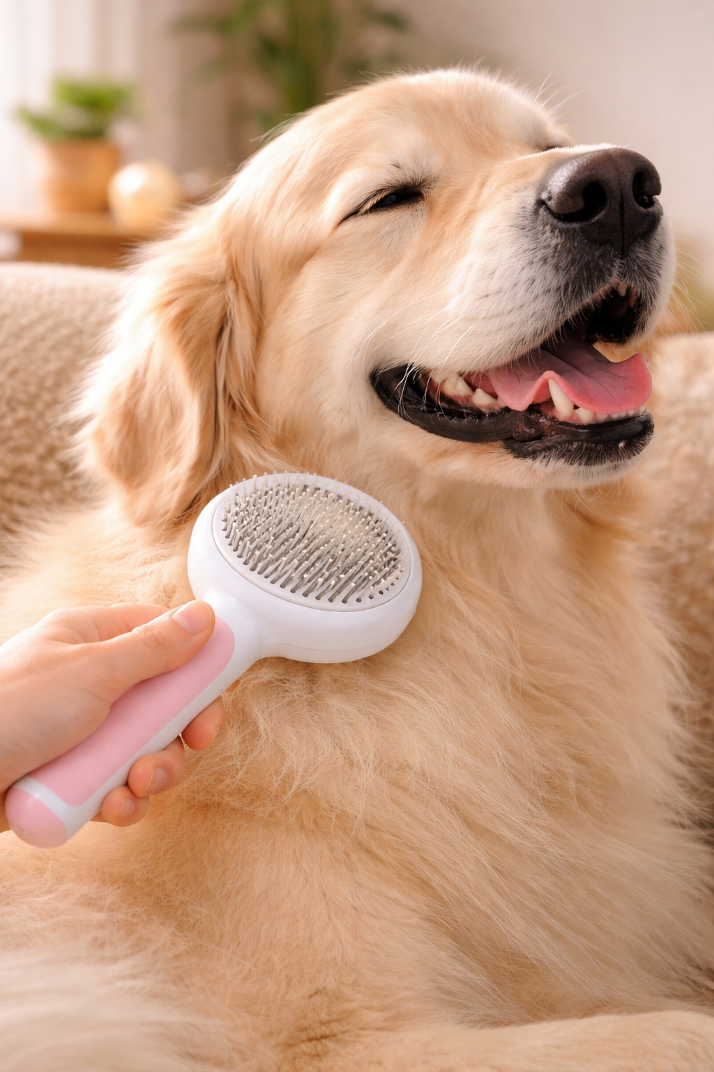 Round Handle Pet Grooming Comb – Self Cleaning Dog & Cat Hair Remover Brush | Gentle Deshedding Tool