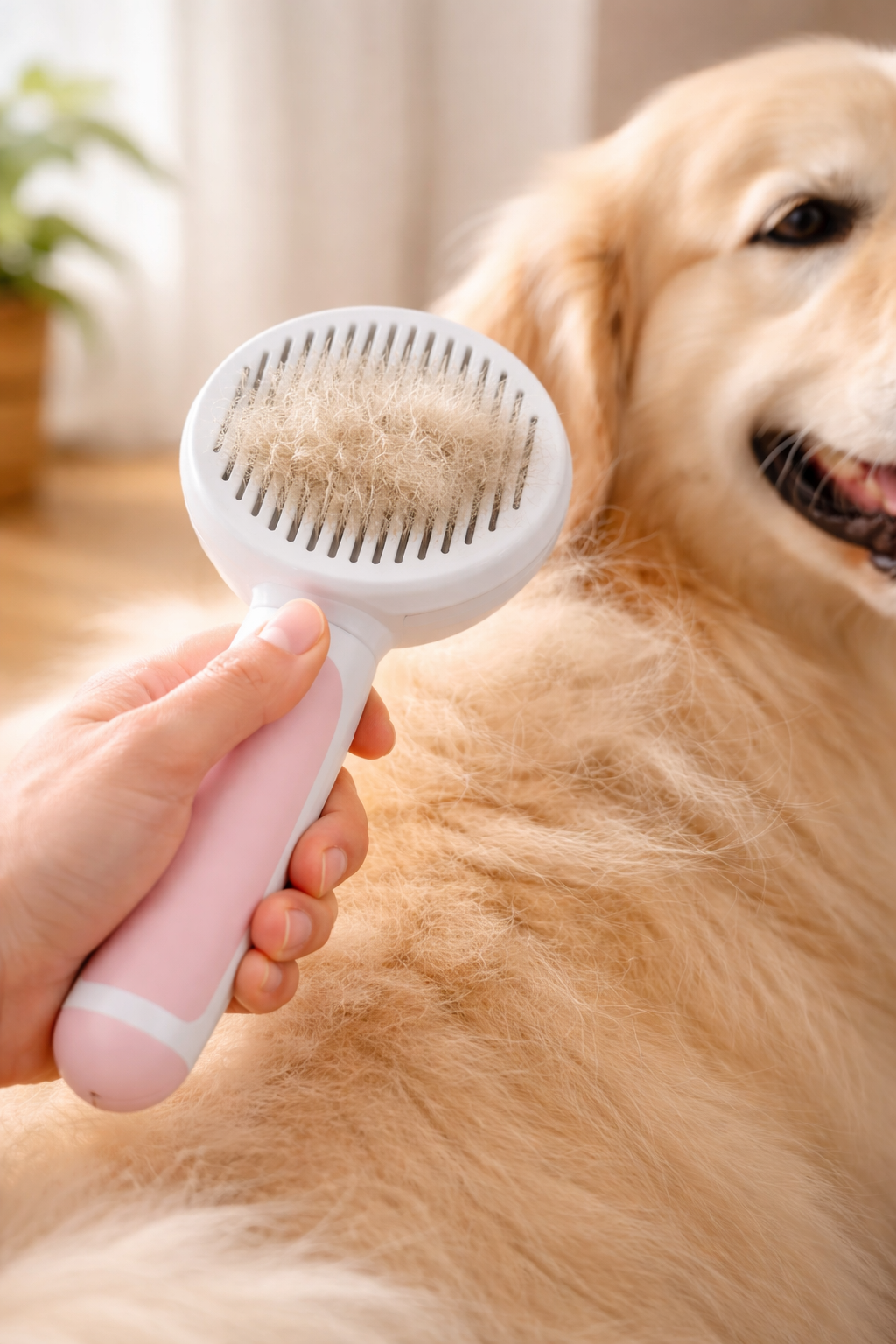 Round Handle Pet Grooming Comb – Self Cleaning Dog & Cat Hair Remover Brush | Gentle Deshedding Tool