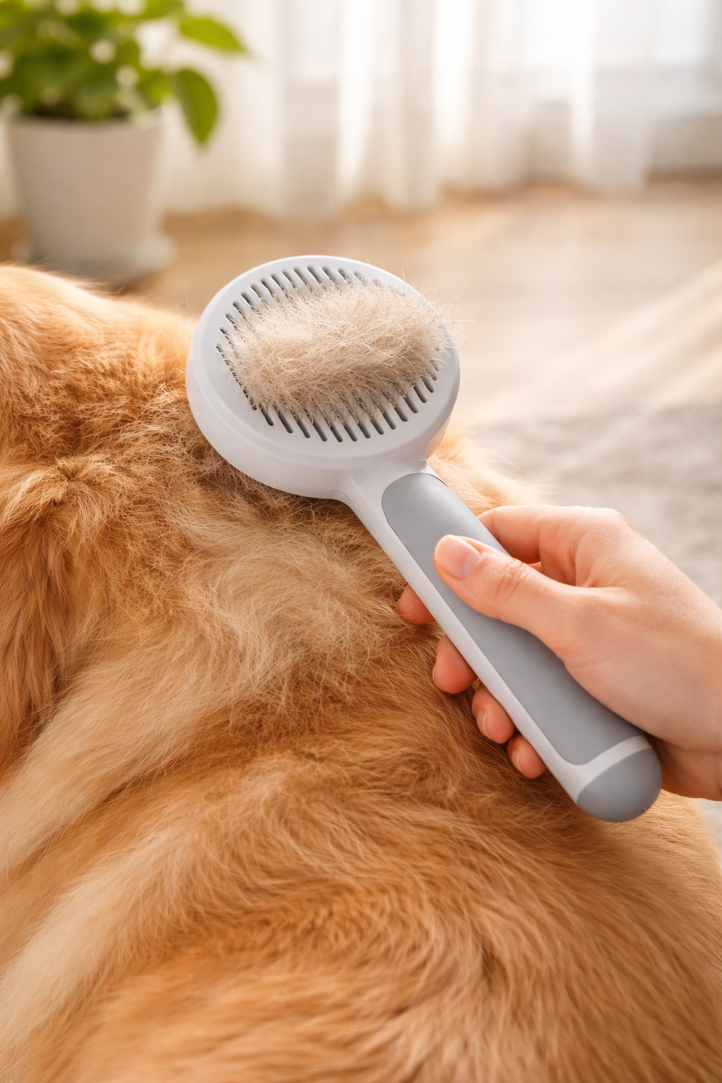 Round Handle Pet Grooming Comb – Self Cleaning Dog & Cat Hair Remover Brush | Gentle Deshedding Tool