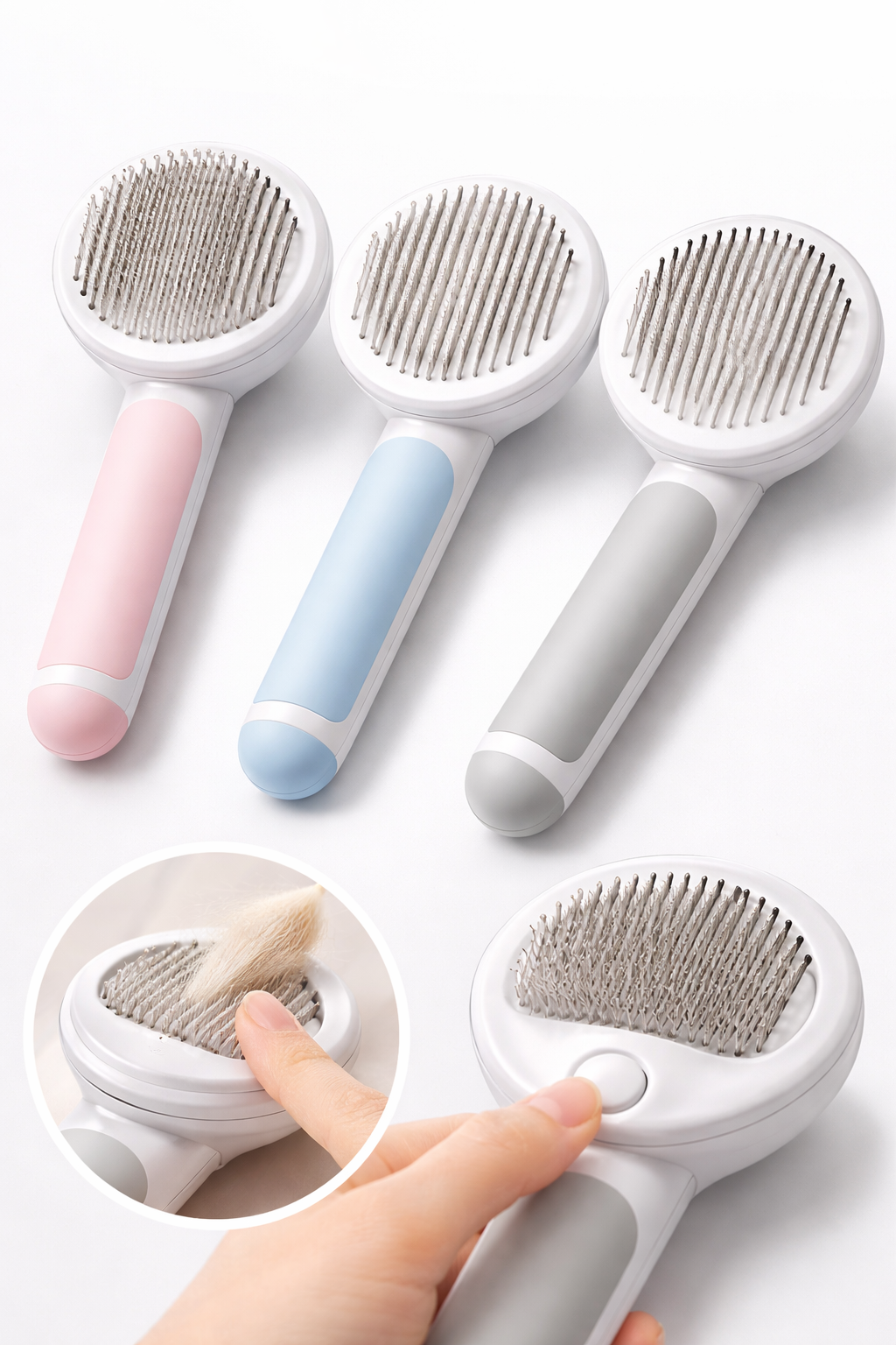 Round Handle Pet Grooming Comb – Self Cleaning Dog & Cat Hair Remover Brush | Gentle Deshedding Tool