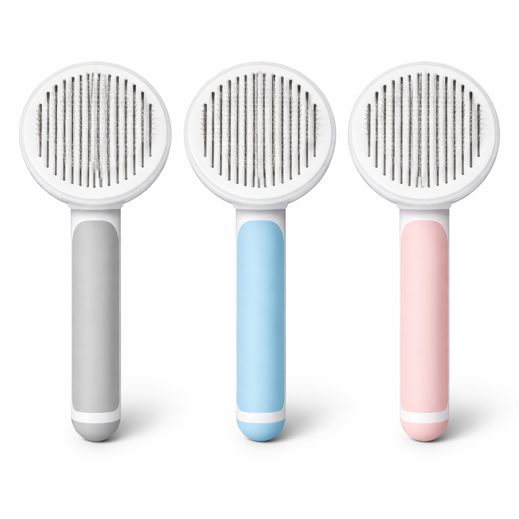 Round Handle Pet Grooming Comb – Self Cleaning Dog & Cat Hair Remover Brush | Gentle Deshedding Tool