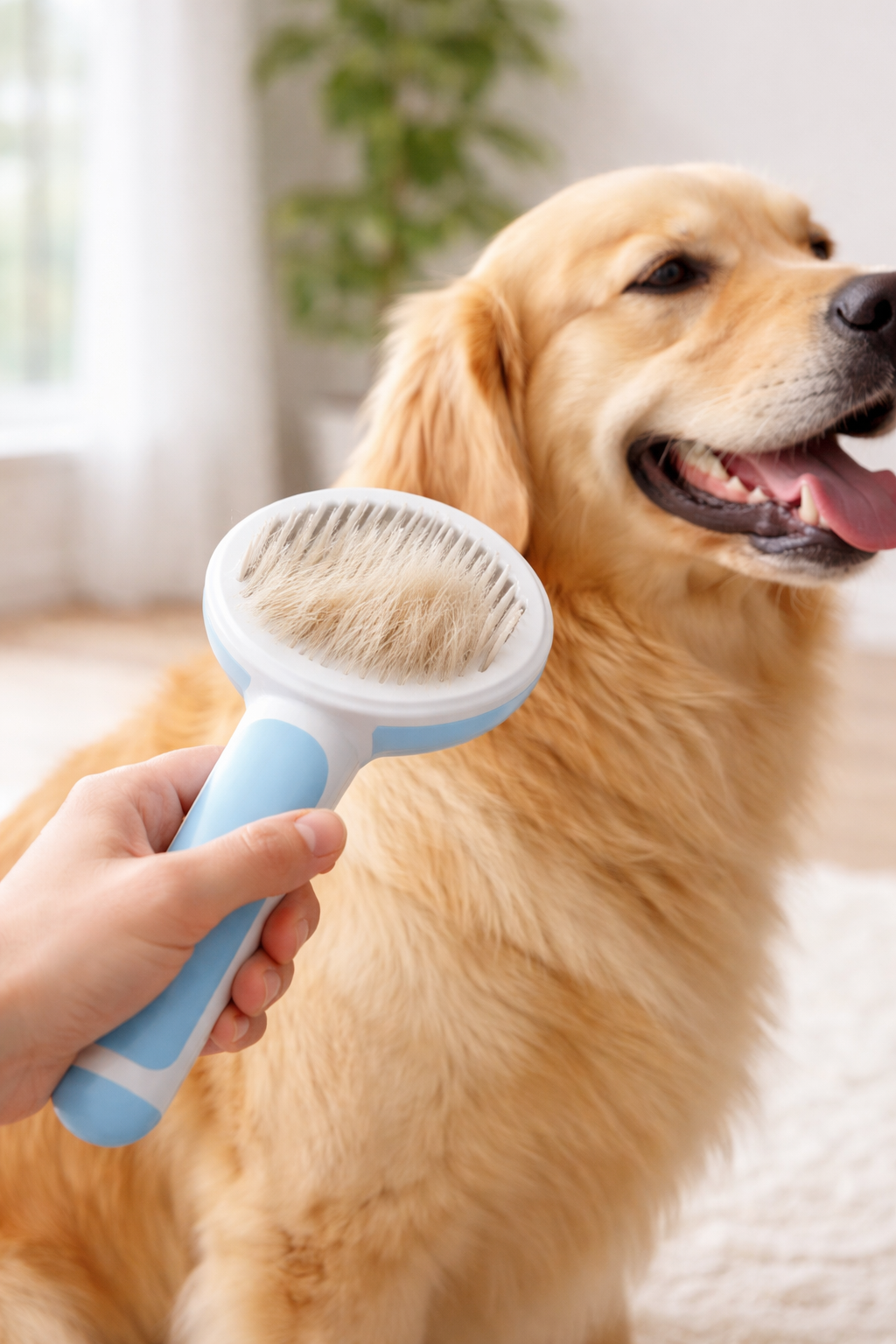 Round Handle Pet Grooming Comb – Self Cleaning Dog & Cat Hair Remover Brush | Gentle Deshedding Tool