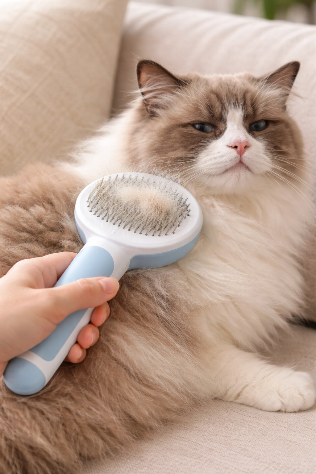 Round Handle Pet Grooming Comb – Self Cleaning Dog & Cat Hair Remover Brush | Gentle Deshedding Tool